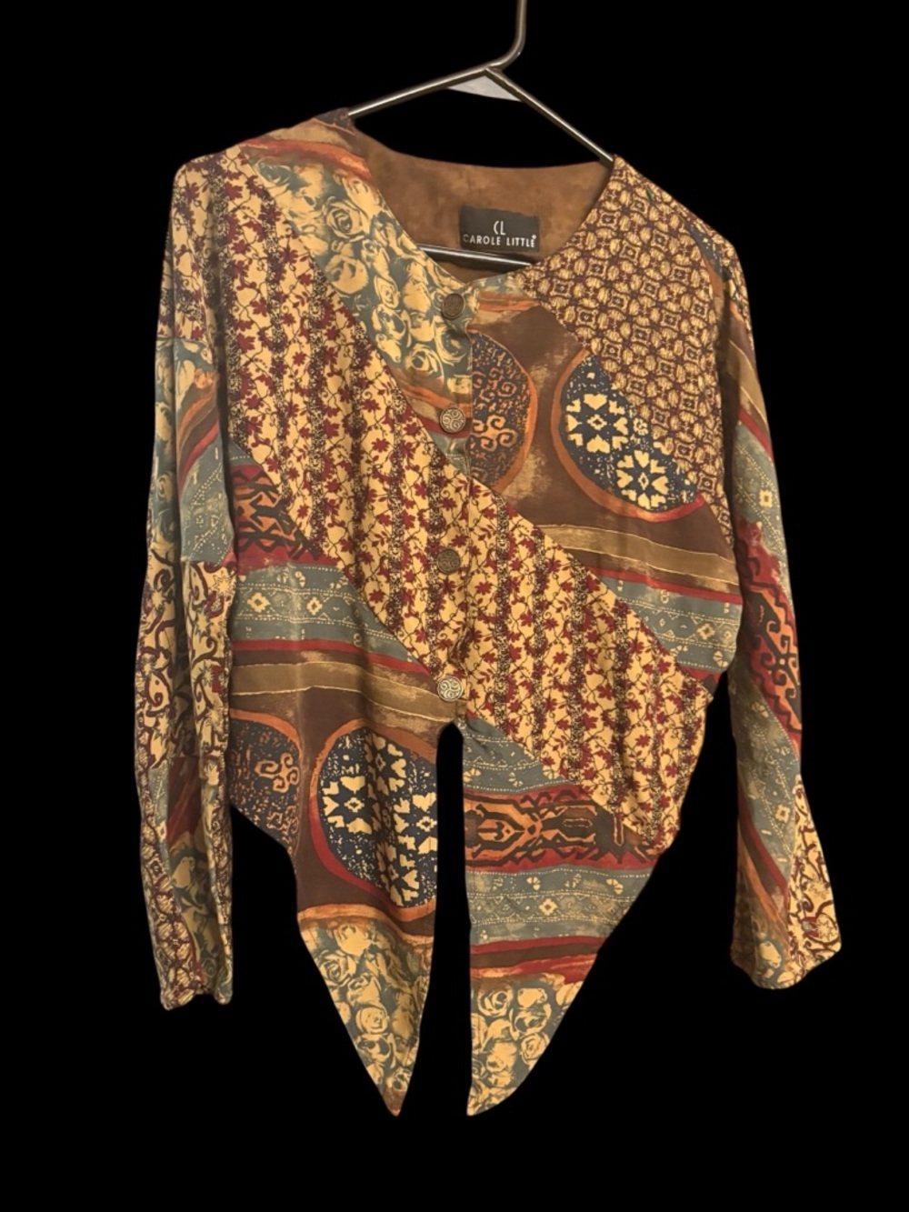 Carole Little Multicolor Floral Patchwork Blouse in Brown, Gold and Burgundy